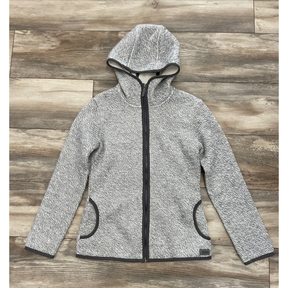 Merrell Womens Gray Hooded Full Zip Fleece Jacket Knit Elbow Patches XS